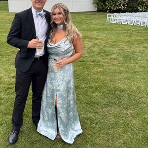 Light Blue Floral Satin Evening Gown